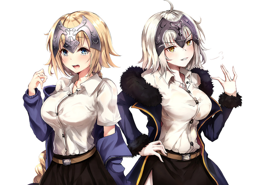 ahoge belt blonde_hair blue_eyes blush braid breasts dress_shirt dual_persona fate/grand_order fate_(series) fur_trim hand_on_hip jacket jeanne_d'arc_(alter)_(fate) jeanne_d'arc_(fate) jeanne_d'arc_(fate)_(all) large_breasts long_hair multiple_girls nakatokung off_shoulder open_mouth shirt short_hair silver_hair single_braid skirt very_long_hair wicked_dragon_witch_ver._shinjuku_1999 yellow_eyes