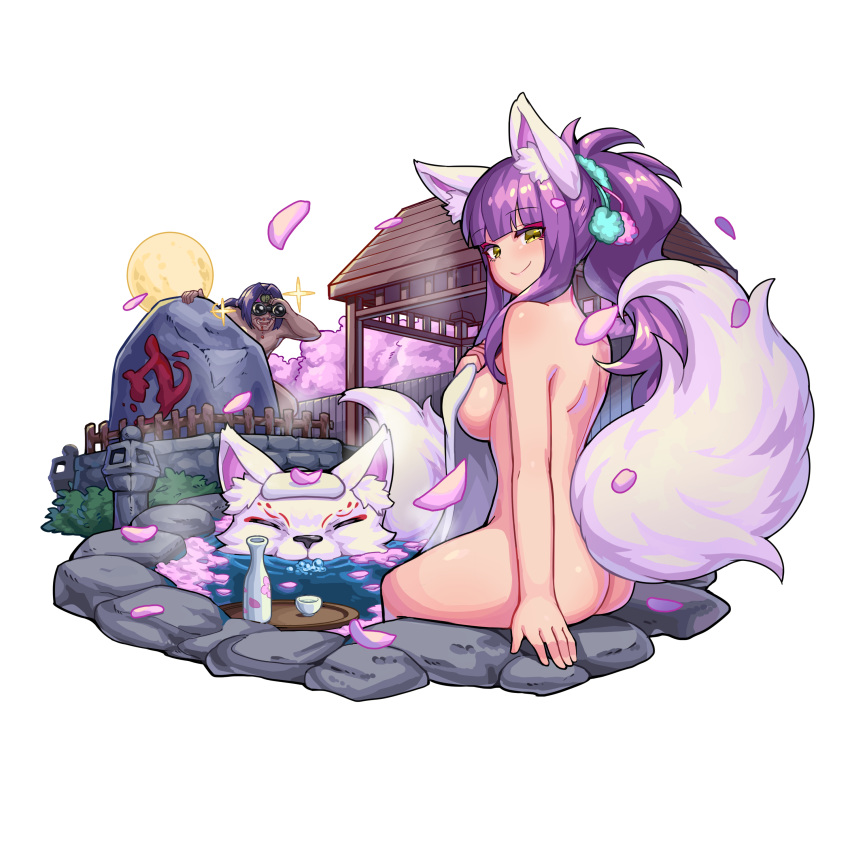 1boy 1girl absurdres animal_ear_fluff animal_ears arm_at_side ass back binoculars blush breasts bubble_blowing butt_crack character_request choko_(cup) closed_mouth commentary_request covering cup dark_skin dark_skinned_male eyebrows_visible_through_hair facial_mark forehead_mark fox fox_ears fox_girl fox_tail from_behind full_moon green_eyes hei_niao hiding highres holding holding_towel long_hair looking_at_viewer looking_back medium_breasts monster_strike moon night nude_cover onsen peeking pervert petals ponytail purple_eyes shoulder_blades sideboob sidelocks smile soaking_feet solo_focus sparkle steam stone stone_lantern tail tokkuri towel towel_on_head tray water