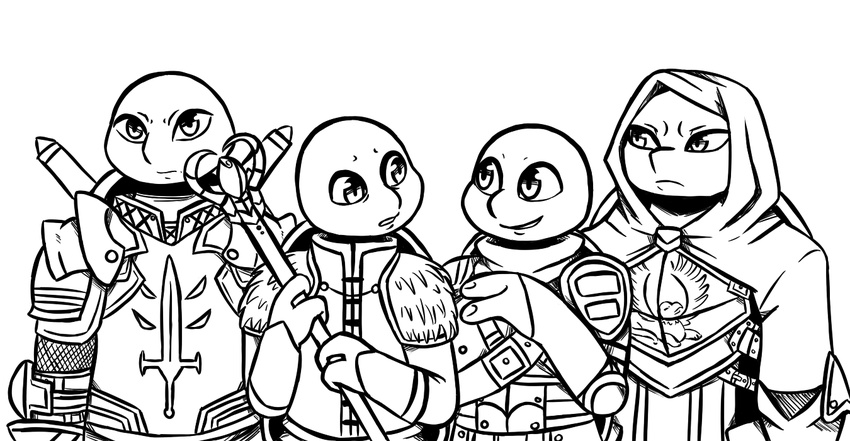 2017 anthro armor black_and_white clothed clothing crossover donatello_(tmnt) dragon_age group holding_object holding_weapon hood inkyfrog leonardo_(tmnt) male melee_weapon michelangelo_(tmnt) monochrome pauldron raphael_(tmnt) reptile scabbard scalie shell simple_background staff standing sword teenage_mutant_ninja_turtles turtle video_games weapon white_background
