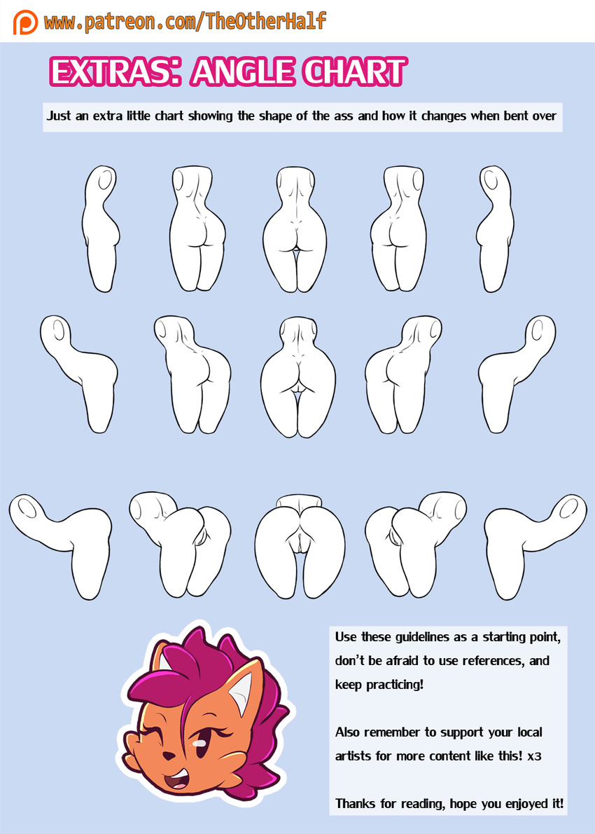 butt butt_focus diagram eyelashes fan_character female ferret fur hair headless how-to mammal mustelid one_eye_closed orange_fur patreon purple_hair pussy smile tambre_the_ferret text the_other_half toony wink