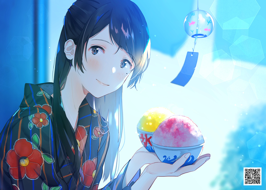 black_eyes black_hair blush bowl commentary commentary_request ears eyebrows_visible_through_hair floral_print flower food holding japanese_clothes kimono lighting long_hair looking_at_viewer mole mole_under_eye original qr_code shaved_ice shinobu_(kobanatu) smile wind_chime yukata