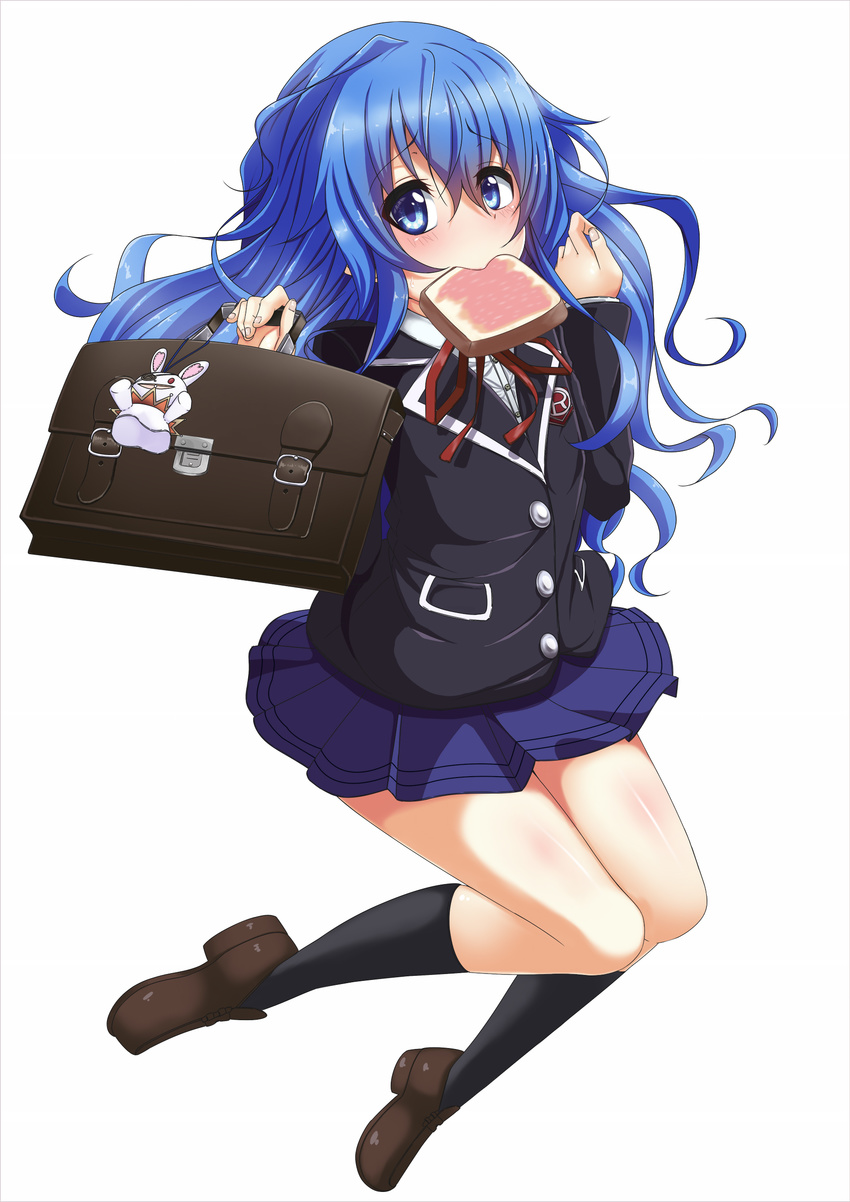 absurdres bag black_legwear blue_eyes blue_hair blush date_a_live eyepatch food food_in_mouth hands_up highres jewelry long_hair looking_at_viewer mouth_hold pendant school_bag school_briefcase school_uniform solo toast toast_in_mouth tora_hou yoshino_(date_a_live) yoshinon