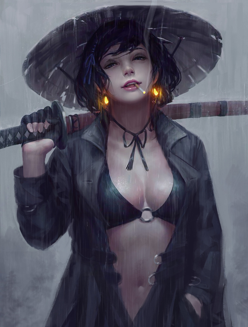 absurdres black_bikini_top black_hair black_jacket blue_eyes breasts breasts_apart cigarette commentary earrings glowing_earrings guweiz hand_in_pocket hat head_tilt highres holding holding_sword holding_weapon jacket jewelry katana long_sleeves looking_at_viewer medium_breasts mouth_hold navel open_clothes open_jacket original parted_lips rain realistic same-hada saya_(scabbard) sheath sheathed short_hair smoke solo sword tsuba_(guard) tsuka-ito tsuka_(handle) weapon wet