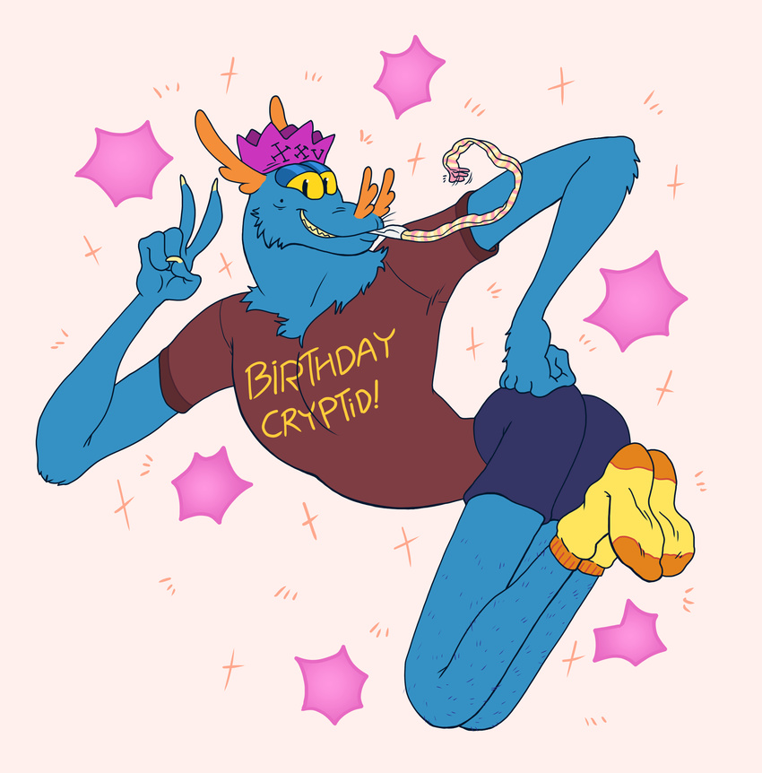 2017 5_fingers anthro arm_tuft bat bat_nose biped birthday black_eyes blue_bottomwear blue_clothing brown_clothing brown_topwear butt cheek_tuft claws clothed clothing crown digital_drawing_(artwork) digital_media_(artwork) english_text front_view full-length_portrait fully_clothed hairy hand_on_hip hi_res humanoid_hands legwear looking_at_viewer male mammal neck_tuft object_in_mouth orange_nose paper_crown party_horn pink_background plantigrade portrait sharp_teeth shirt shorts simple_background slimeymonsterguts slimeymonsterguts_(fursona) smile socks solo sparkling suspended_in_midair teeth text toony tuft v_sign yellow_claws yellow_sclera yellow_socks
