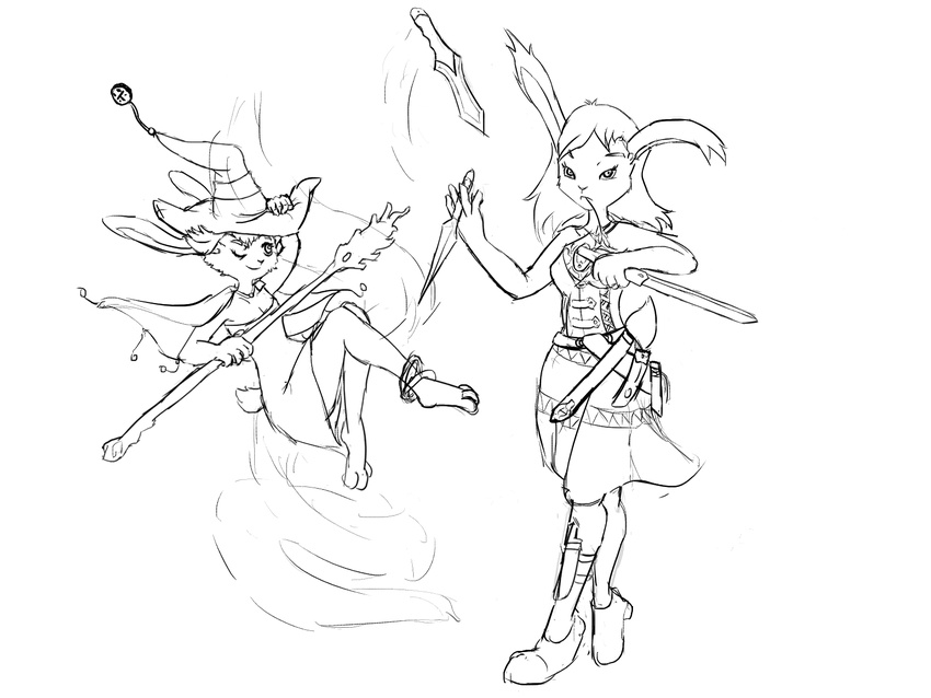 anthro clothed clothing dagger dress elwysprigg fantasy female floating flying fur hat juggling lagomorph magic magic_user mammal melee_weapon rabbit rogue sibling sisters staff sword weapon wind witch_hat