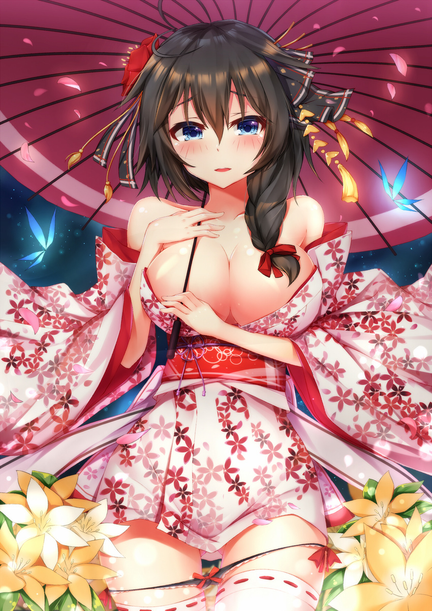 alternate_breast_size ass_visible_through_thighs bangs bare_shoulders black_panties black_ribbon blush braid breasts bug butterfly check_commentary cherry_blossoms cleavage collarbone commentary_request cowboy_shot floral_print hair_between_eyes hair_flaps hair_ornament hair_ribbon hand_on_own_chest highres holding holding_umbrella insect japanese_clothes kantai_collection kimono large_breasts long_hair looking_at_viewer obi obiage obijime open_mouth oriental_umbrella outdoors panties ribbon ribbon-trimmed_legwear ribbon_trim sash shigure_(kantai_collection) short_kimono side_braid smile solo thigh_gap thighhighs umbrella underwear white_legwear yuxian_youka zettai_ryouiki