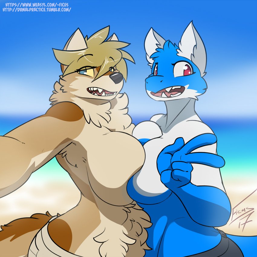 anthro beach big_breasts breast_squish breasts canine clothed clothing duo female ficus looking_at_viewer mammal open_mouth outside seaside selfie standing topless wide_hips
