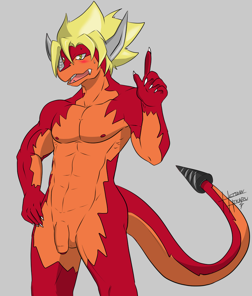 abs anthro athletic blush claws dragon drum_(buddyfight) drum_bunker_dragon embarrassed fangs flaccid front_view future_card_buddyfight hand_on_hip heibanhikaru hi_res horn humanoid_penis male nipples nude open_mouth partially_retracted_foreskin pecs penis scalie signature solo standing sweat sweatdrop uncut