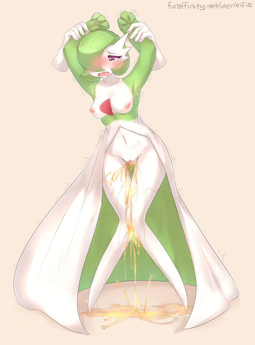 absurd_res ambiguous_gender blush breasts clitoral_hood collarbone disembodied_hand duo eifie female full_body gardevoir green_hair hair hi_res invalid_tag knees_together_feet_apart navel nintendo nipples not_furry nude omorashi open_mouth peeing pok&eacute;mon pussy raised_arm red_eyes restrained shaking short_hair simple_background solo_focus standing sweat tan_background text trembling uncensored urine url video_games wet