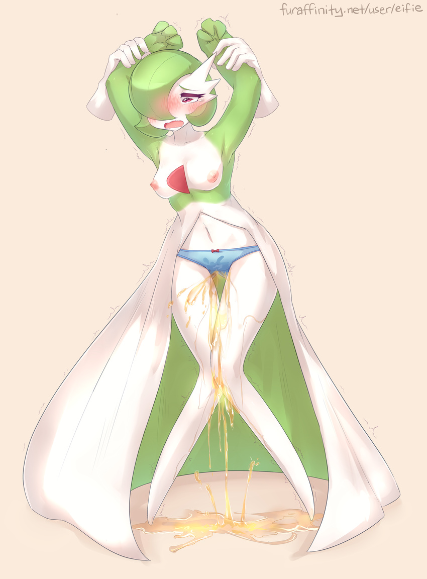 absurd_res ambiguous_gender blue_panties blush bow_panties breasts clothed clothing collarbone disembodied_hand duo eifie female full_body gardevoir green_hair hair hi_res invalid_tag knees_together_feet_apart navel nintendo nipples not_furry omorashi open_mouth panties peeing pok&eacute;mon raised_arm red_eyes restrained shaking short_hair simple_background solo_focus standing sweat tan_background text topless trembling underwear urine url video_games wet wetting