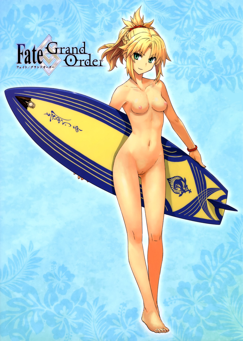 1girl absurdres blonde_hair breasts collarbone copyright_name fate/apocrypha fate/grand_order fate_(series) feet full_body gluteal_fold green_eyes groin high_ponytail highres holding konoe_ototsugu long_hair mordred_(swimsuit_rider)_(fate) navel nude nude_filter photoshop ponytail pussy saber_of_red small_breasts solo toes uncensored