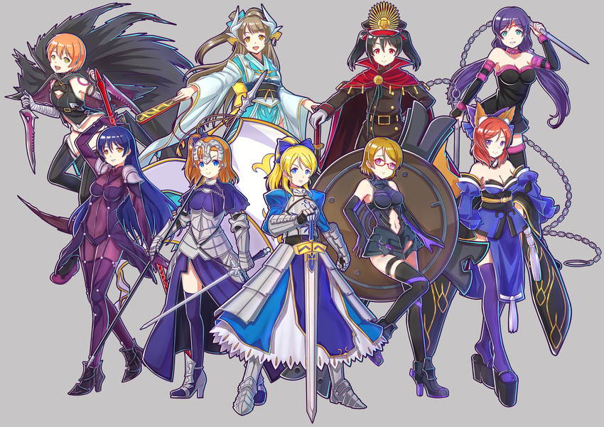 :d aqua_bow aqua_kimono arm_up armor armored_boots armored_dress artoria_pendragon_(all) ayase_eli bandages banner belt black_dress black_footwear black_gloves black_hair black_hat black_legwear blonde_hair blue_bow blue_dress blue_eyes blue_hair blue_legwear bodysuit boots bow breasts breasts_apart brown_eyes brown_hair chain cleavage cosplay covered_navel detached_sleeves dress dual_wielding elbow_gloves eyebrows_visible_through_hair facial_mark fate/grand_order fate_(series) floating_hair full_body gauntlets glasses gloves grey_background grey_gloves hair_between_eyes hair_bow hair_ribbon hand_on_hip hat high_heels high_ponytail highres holding holding_sword holding_weapon hoshizora_rin jack_the_ripper_(fate/apocrypha) jack_the_ripper_(fate/apocrypha)_(cosplay) japanese_clothes jeanne_d'arc_(fate) jeanne_d'arc_(fate)_(all) jeanne_d'arc_(fate)_(cosplay) kelinch1 kimono kiyohime_(fate/grand_order) kiyohime_(fate/grand_order)_(cosplay) koizumi_hanayo kousaka_honoka leg_up long_hair looking_at_viewer love_live! love_live!_school_idol_project mash_kyrielight mash_kyrielight_(cosplay) medium_breasts midriff military military_uniform minami_kotori multiple_girls nameless_dagger navel navel_cutout nishikino_maki obi oda_nobunaga_(fate) oda_nobunaga_(fate)_(cosplay) one_side_up open_mouth orange_eyes orange_hair polearm purple_eyes purple_hair purple_legwear red-framed_eyewear red_hair red_ribbon ribbon rider rider_(cosplay) saber saber_(cosplay) sash scathach_(fate)_(all) scathach_(fate/grand_order) scathach_(fate/grand_order)_(cosplay) sheath sheathed short_dress simple_background sleeveless sleeveless_dress smile sonoda_umi spear standing stomach strapless strapless_dress sword tamamo_(fate)_(all) tamamo_no_mae_(fate) tamamo_no_mae_(fate)_(cosplay) thigh_boots thighhighs toujou_nozomi tube_dress twintails uniform very_long_hair visor_cap weapon white_background white_legwear yazawa_nico yellow_footwear