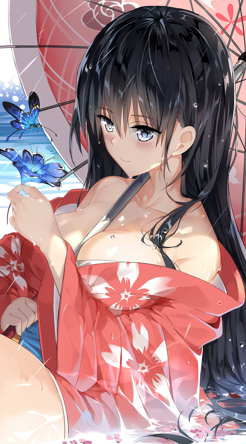 breast_hold cleavage open_shirt tameiki umbrella wet yukata
