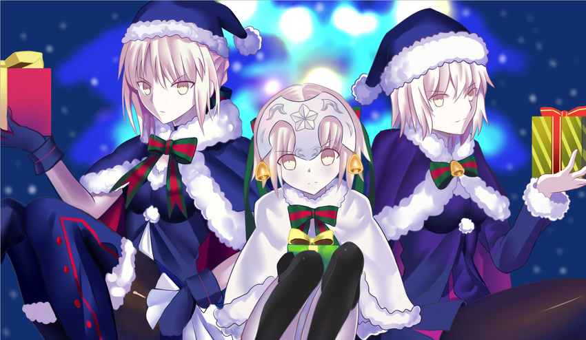 artoria_pendragon_(all) bell black_legwear blue_dress blue_footwear blue_gloves blue_hat blue_santa_costume boots bow bowtie box capelet dress fate/grand_order fate_(series) fur_trim gift gift_box gloves hair_bell hair_ornament hat holding holding_box jeanne_d'arc_(alter)_(fate) jeanne_d'arc_(fate)_(all) jeanne_d'arc_alter_santa_lily light_smile looking_at_viewer multiple_girls pantyhose pleated_dress qiye_yue saber_alter santa_alter santa_boots santa_costume santa_hat shiny shiny_clothes short_dress short_hair silver_hair striped striped_bow striped_neckwear thigh_boots thighhighs yellow_eyes