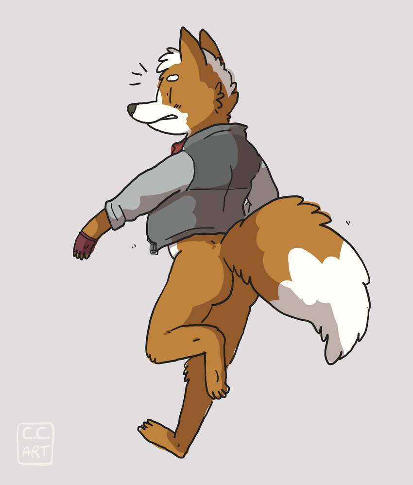absurd_res anthro bottomless brown_fur butt canine cheek_tuft clothed clothing digital_media_(artwork) dipstick_tail fox fox_mccloud fur gloves go-kart_(artist) grey_background hair_tuft hi_res jacket male mammal multicolored_tail nintendo rear_view simple_background solo star_fox tuft video_games walking white_fur