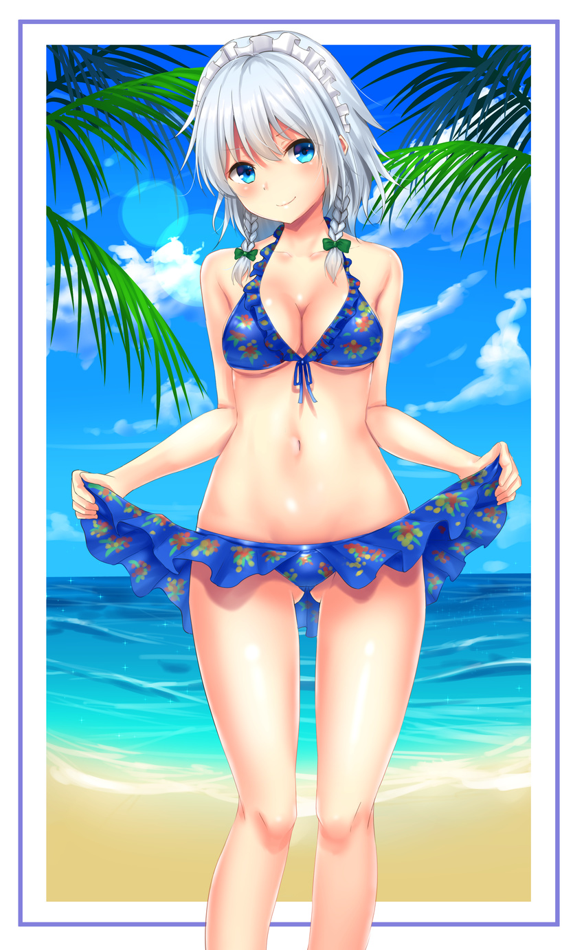 absurdres ass_visible_through_thighs bare_shoulders beach bikini blue_bikini blue_eyes blue_sky blush bow braid breasts cleavage closed_mouth cloud collarbone day eyebrows_visible_through_hair frilled_bikini frills green_bow hair_bow highres izayoi_sakuya large_breasts looking_at_viewer maid_headdress navel ocean outdoors palm_tree phano_(125042) short_hair silver_hair sky smile solo standing swimsuit touhou tree twin_braids