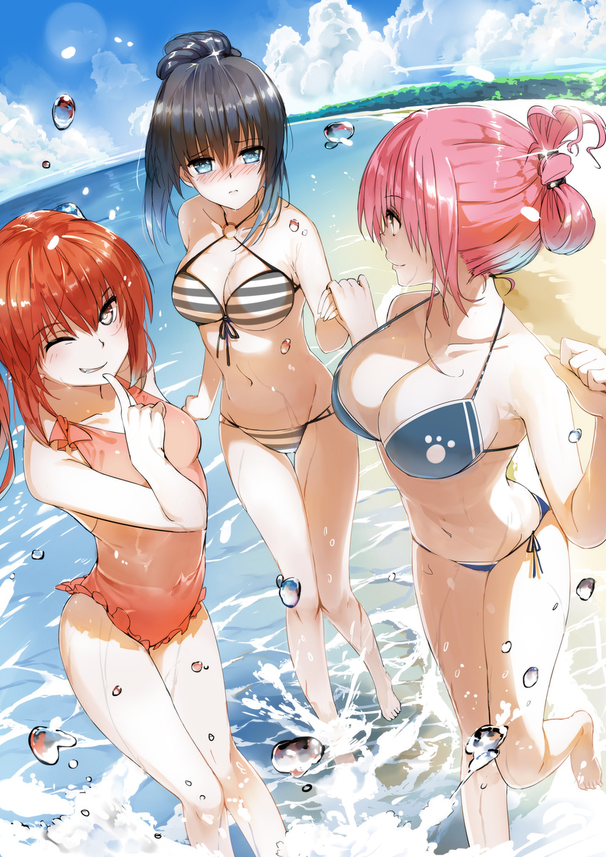 3girls absurdres barefoot beach bikini black_hair blue_bikini blue_eyes blush breasts brown_eyes casual_one-piece_swimsuit clenched_hand closed_mouth cloud collarbone covered_navel day eyebrows_visible_through_hair finger_to_mouth folded_ponytail frilled_swimsuit frills grin hair_between_eyes hair_bun halterneck highres holding_hands large_breasts leg_up lens_flare multiple_girls navel nose_blush o-ring o-ring_top one-piece_swimsuit one_eye_closed orange_hair orange_swimsuit original outdoors paw_print pink_hair profile side-tie_bikini sky smile sparkle splashing striped striped_bikini swimsuit tameiki thigh_gap twintails water water_drop wet