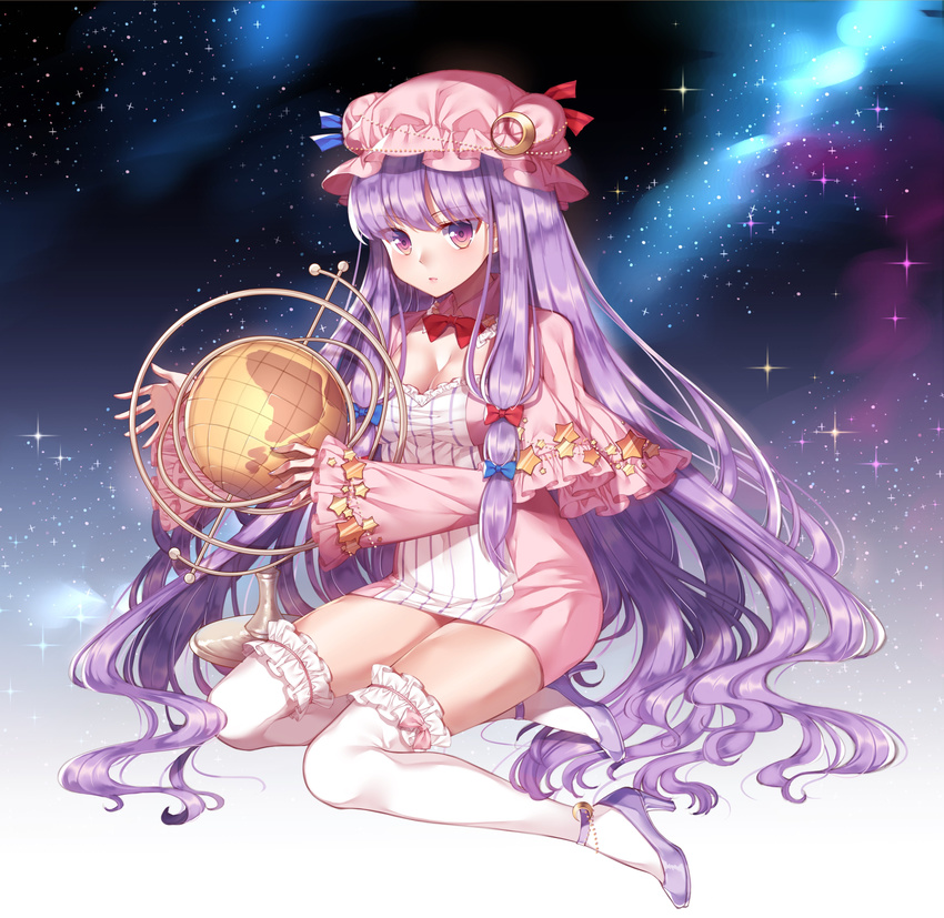 absurdres bangs blue_bow blunt_bangs bow breasts capelet cleavage crescent crescent_hair_ornament detached_collar dress full_body gem_oblivion globe hair_bow hair_ornament hat highres long_hair long_sleeves looking_at_viewer medium_breasts mob_cap over-kneehighs patchouli_knowledge pink_hat purple_eyes purple_hair purple_legwear red_bow short_dress sky solo star star_(sky) starry_sky striped striped_dress thighhighs touhou very_long_hair wavy_hair white_legwear