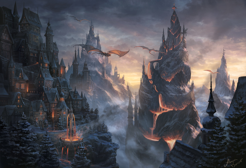 architecture castle city city_lights cloud cloudy_sky commentary dragon fantasy flying fog forest fountain gothic_architecture highres landscape molten_rock mountain nature no_humans outdoors pine_tree scenery sky snow sunset tower tree