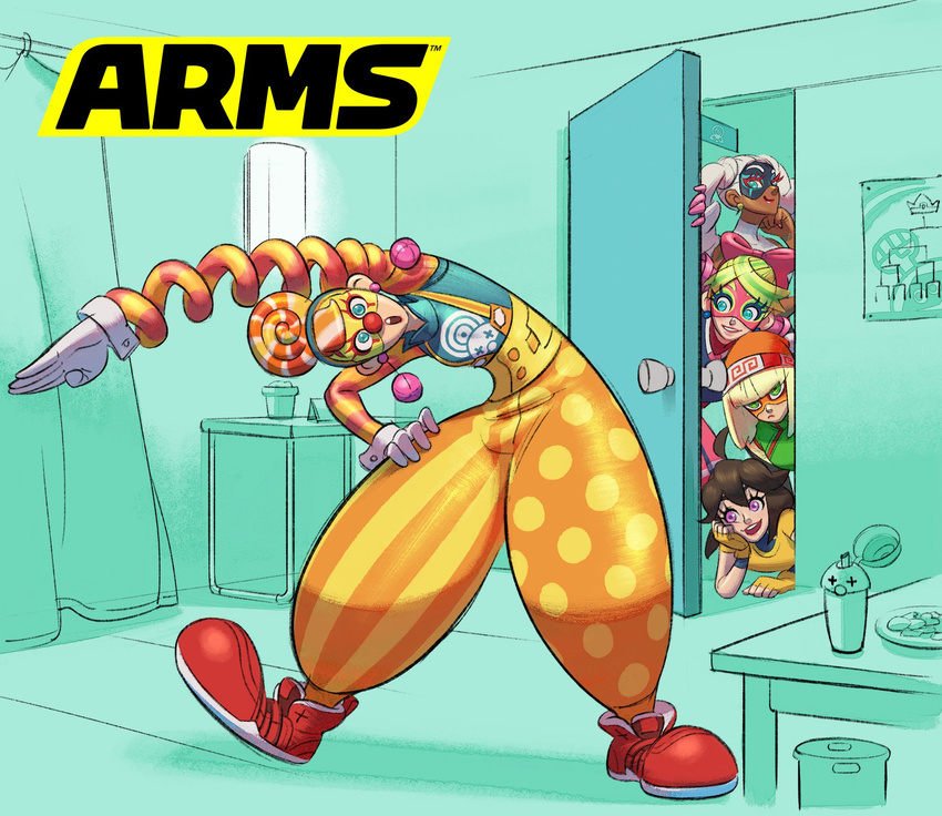 arms_(game) blue_eyes bow clown clown_nose commentary_request dark_skin door earrings facepaint gloves green_background green_eyes hair_bow hand_on_hip highres ishikawa_masaaki jewelry lola_pop mechanica_(arms) min_min_(arms) multicolored_hair multiple_girls official_art open_mouth orange_hair peeking purple_eyes ribbon_girl_(arms) smile stretch table twintelle_(arms) two-tone_hair white_gloves