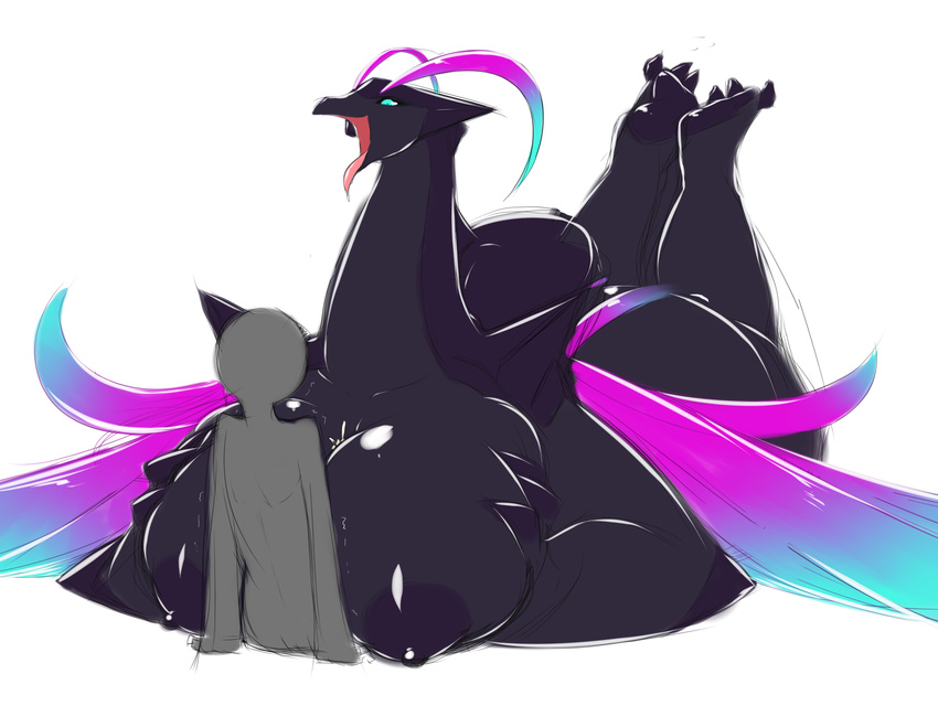 2016 anon anthro averyshadydolphin big_body big_breasts big_butt black_nipples black_skin blue_eyes breasts butt claws cum digital_media_(artwork) dragon duo erect_nipples feet female holding_breast horn humanoid larger_female long_tongue magical_wings male nipples nude purple_wings regalia regalia_(character) sex size_difference smaller_male smile thick_thighs tiny_head titfuck tongue tongue_out wings