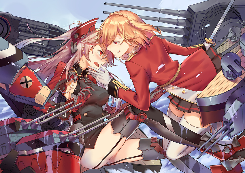 ass azur_lane blonde_hair blush bob_cut boots braid breasts commentary_request dress french_braid garter_straps gloves hand_on_another's_chin hirakuneko iron_cross licking_lips medium_breasts microdress mole mole_on_breast multiple_girls ocean open_mouth pink_hair pleated_skirt prince_of_wales_(azur_lane) prinz_eugen_(azur_lane) red_eyes rigging skirt sword thigh_boots thighhighs tongue tongue_out twintails water weapon zettai_ryouiki
