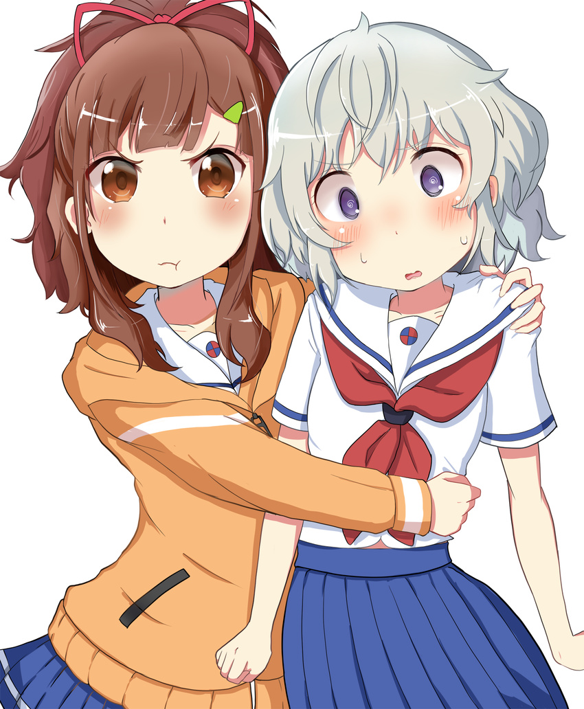 blue_skirt blush brown_eyes brown_hair hair_ribbon high_school_fleet highres hood hoodie hug irizaki_mei jacket long_hair multiple_girls neckerchief orange_jacket pleated_skirt ponytail pout purple_eyes red_neckwear ribbon sailor_collar school_uniform serafuku short_hair short_sleeves silver_hair simple_background skirt suho_(kiraran_kawaii) tateishi_shima white_background white_sailor_collar yokosuka_girls_marine_high_school_uniform yuri