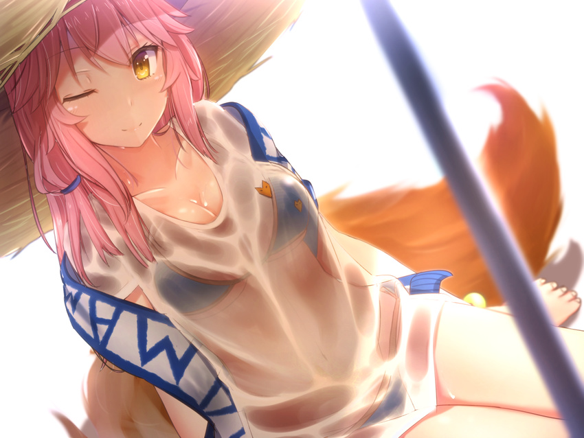 ;) bangs barefoot bikini blue_bikini blurry blush breasts cleavage closed_mouth commentary_request cuon_(kuon) depth_of_field dutch_angle eyebrows_visible_through_hair fate/grand_order fate_(series) fox_print fox_tail hat long_hair looking_at_viewer medium_breasts one_eye_closed pink_hair see-through shirt simple_background smile solo straw_hat sun_hat swimsuit t-shirt tail tamamo_(fate)_(all) tamamo_no_mae_(fate) tamamo_no_mae_(swimsuit_lancer)_(fate) tsurime umbrella wet wet_clothes wet_shirt wet_t-shirt white_background