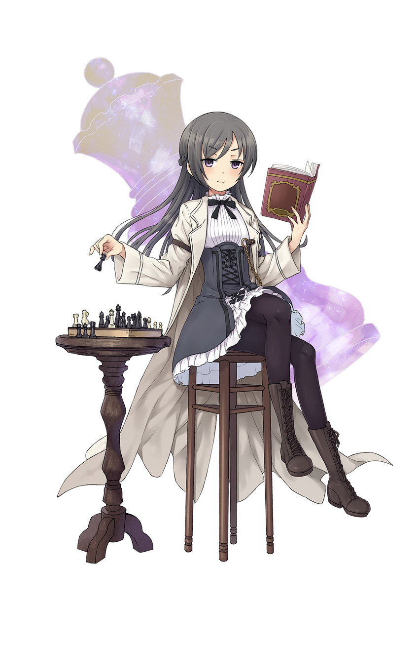 black_legwear board_game book boots braid brown_footwear chess chess_piece cross-laced_footwear crown_braid full_body grey_hair highres holding holding_book jacket lace-up_boots long_hair looking_at_viewer official_art open_book pantyhose princess_principal princess_principal_game_of_mission purple_eyes queen_(chess) school_uniform sitting skirt solo sophie_mackenzie stool transparent_background white_skirt