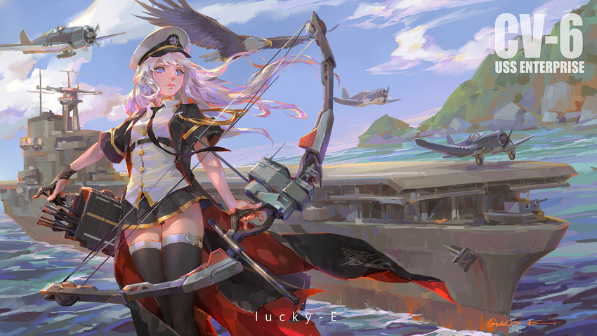 aircraft aircraft_carrier airplane arrow azur_lane bald_eagle bird black_gloves black_jacket black_neckwear black_skirt blue_eyes bow_(weapon) buttons cape closed_mouth cloud collared_shirt commentary_request crossbow day eagle enterprise_(azur_lane) f4u_corsair f6f_hellcat flying gloves hat highres holding holding_bow_(weapon) holding_weapon jacket long_hair md5_mismatch military military_vehicle mountain necktie no_pupils object_namesake ocean outdoors peaked_cap pink_lips pleated_skirt propeller quill runway shengyi_sun ship shirt short_sleeves single_glove skirt solo standing sunlight taking_off thighhighs turret uss_enterprise_(cv-6) warship water watercraft weapon white_hair white_shirt world_war_ii zettai_ryouiki