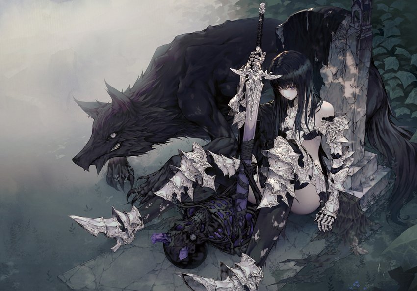 armor black_hair black_legwear blood breasts claws cleavage fangs fantasy flower grass highres ivy knee_pads long_hair looking_at_viewer original purple_eyes shoulder_plates skeleton small_breasts sword thighhighs tombstone torn_clothes torn_legwear wanke weapon white_skin wolf