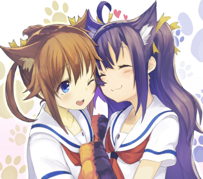 :3 ahoge animal_ears blue_eyes brown_hair cat_ears closed_eyes gloves high_school_fleet long_hair minutachi misaki_akeno multiple_girls neckerchief one_eye_closed paw_gloves paws purple_eyes red_neckwear sailor_collar school_uniform serafuku short_hair short_sleeves suruga_runa twintails upper_body white_sailor_collar yokosuka_girls_marine_high_school_uniform yuri