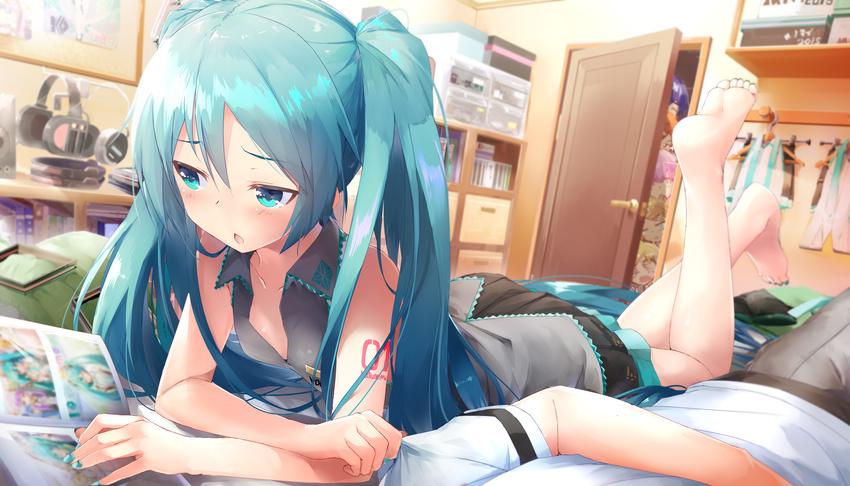 4girls absurdres album_(object) aqua_eyes aqua_hair aqua_nails arm_tattoo bangs bare_legs barefoot bedroom black_skirt book chibi collared_shirt commentary_request daidou_(demitasse) detached_sleeves_removed eyebrows_visible_through_hair feet grey_shirt hatsune_miku headphones highres indoors jitome kagamine_len kagamine_rin kaito legs_up long_hair lying megurine_luka meiko multiple_boys multiple_girls nail_polish on_back on_stomach open_book out_of_frame peeking pleated_skirt revision shirt short_sleeves shoulder_tattoo sidelocks skirt slacks sleeveless sleeveless_shirt tattoo the_pose toenail_polish twintails vocaloid white_shirt