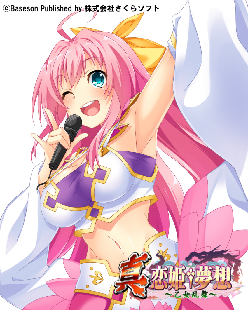 (#)w(#) 1girl ahoge arm_up armpits blue_eyes bow breasts choukaku cleavage crop_top detached_sleeves hair_bow highres holding koihime_musou large_breasts long_hair microphone midriff music navel official_art one_eye_closed open_mouth pink_hair ribbon singing skirt smile solo upper_body