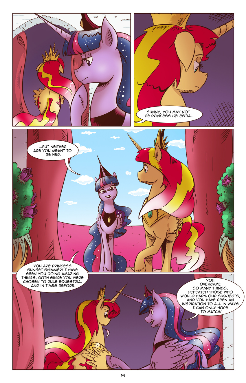 2017 comic crown english_text equestria_girls equine female friendship_is_magic horn jewelry mammal my_little_pony necklace saturdaymorningproj simple_background sunset_shimmer_(eg) text twilight_sparkle_(mlp) winged_unicorn wings