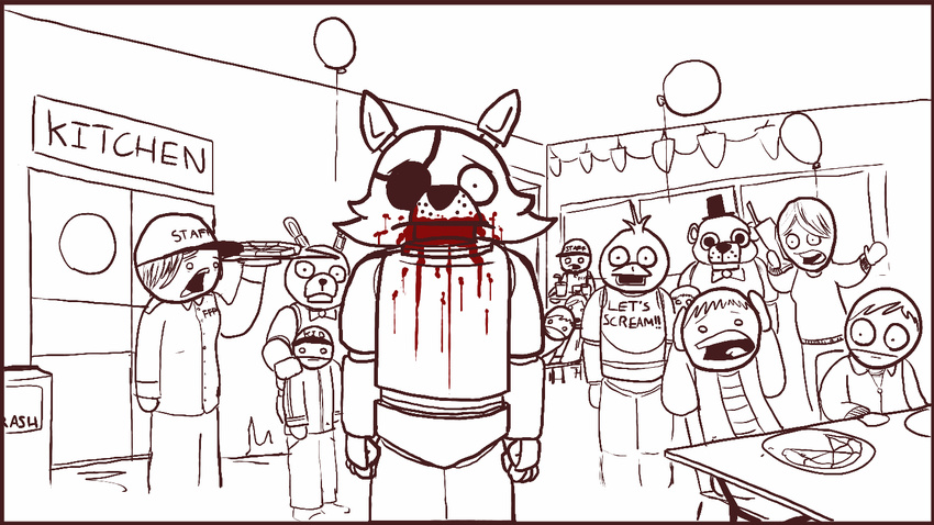 16:9 2014 animated animatronic anthro avian bear bird blood bone bonnie_(fnaf) canine chica_(fnaf) claws clothed clothing court crisis-omega crying english_text eye_patch eyewear fangs feels female five_nights_at_freddy's fox foxy_(fnaf) freddy_(fnaf) group gun hook hook_hand human inside lagomorph lapd looking_at_viewer machine male mammal monochrome multiple_scenes newspaper no_sound pirate police prison rabbit ranged_weapon robot sad screens shower sign simple_background skeleton soap solo stare tears text toe_claws tongue video_games weapon white_background white_eyes