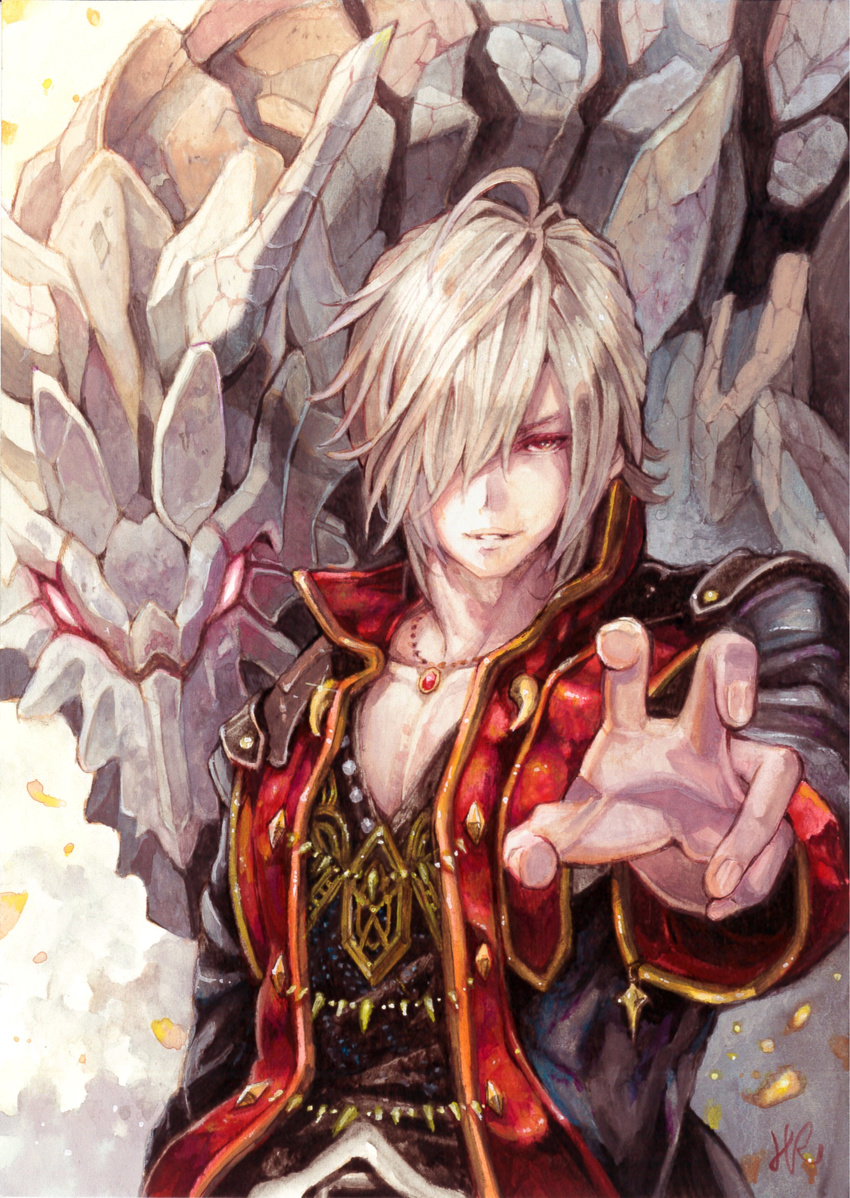 blonde_hair brown_eyes commentary_request glowing glowing_eyes grin hair_over_one_eye highres hoshizaki_reita jewelry long_sleeves looking_at_viewer male_focus medium_hair monster original parted_lips robe signature smile solo standing traditional_media