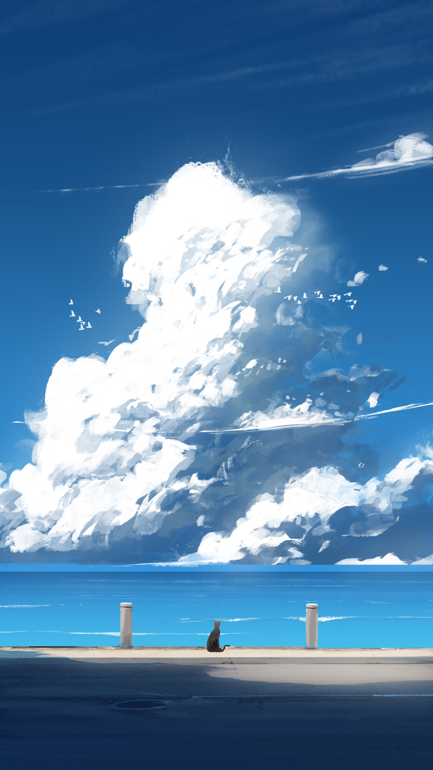 asuteroid black_cat blue_sky cat cloud commentary_request day highres horizon no_humans ocean original outdoors painting road scenery seascape sky summer waves