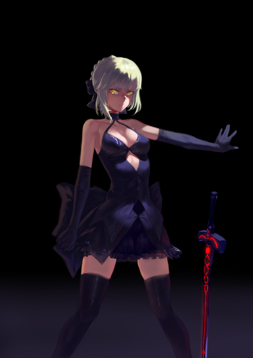 absurdres argyle_cutout artoria_pendragon_(all) black_background black_bow black_gloves black_legwear black_ribbon black_skirt bow breasts cleavage dark_excalibur elbow_gloves fate/hollow_ataraxia fate_(series) frilled_skirt frills gloves gothic_lolita hair_ribbon highres lolita_fashion looking_at_viewer medium_breasts miniskirt outstretched_arm ribbon saber_alter short_hair sideboob silver_hair simple_background skirt sleeveless solo standing thighhighs xiaoye_eago yellow_eyes zettai_ryouiki