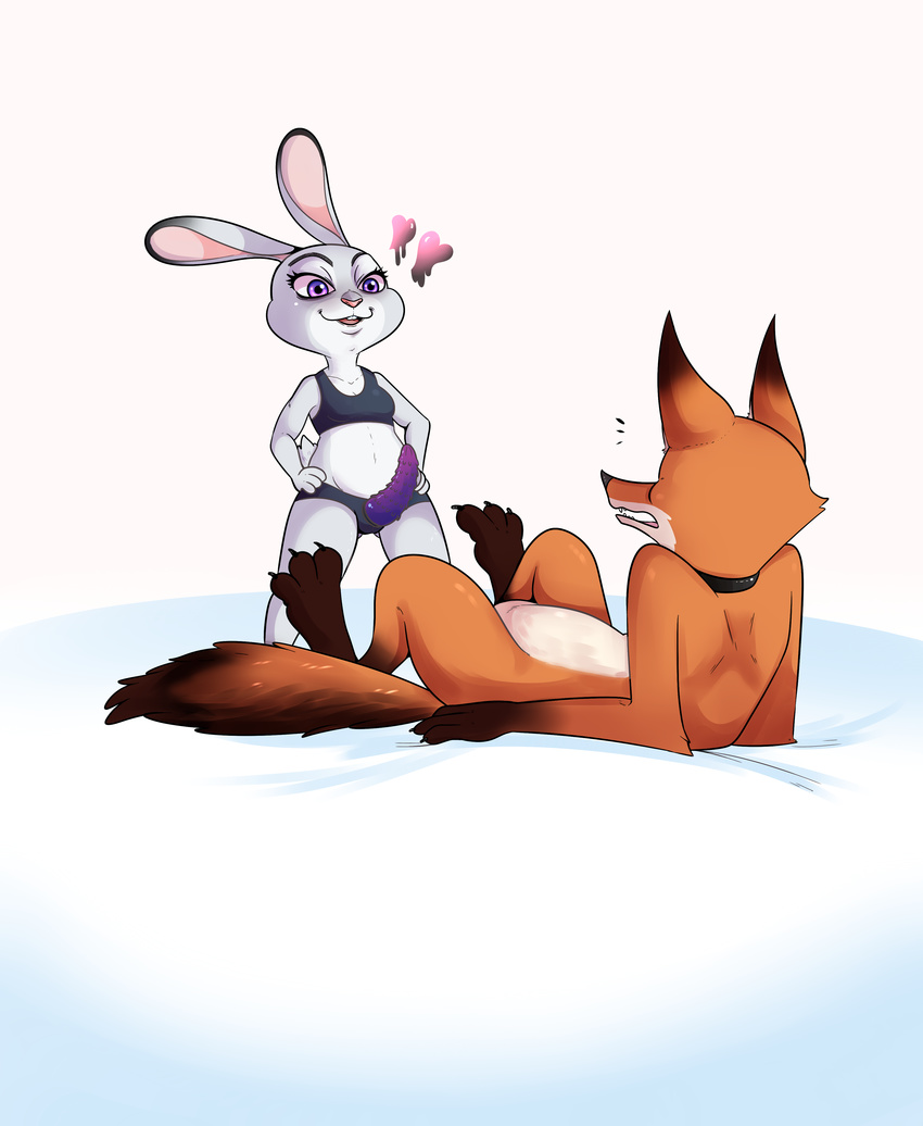 &lt;3 2016 anthro babynarwhal barbed_dildo bra breasts buckteeth canine clothed clothing comic dildo disney duo female fox hands_on_hips hi_res interspecies judy_hopps lagomorph long_ears lying male male/female mammal navel nick_wilde nude on_back predator/prey purple_eyes rabbit rubber sex_toy simple_background small_breasts smile standing strapon teeth uhoh underwear zootopia