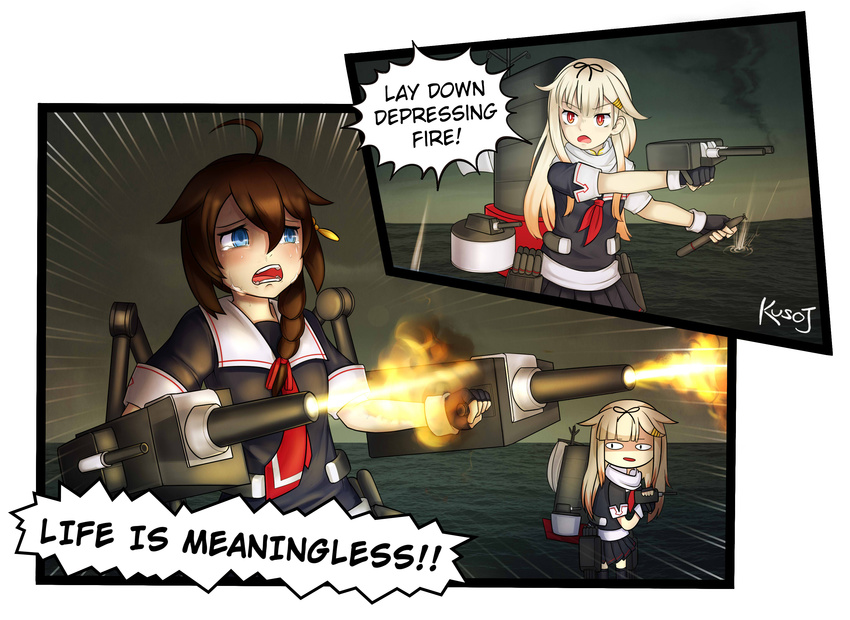 &lt;|&gt;_&lt;|&gt; 2koma ahoge artist_name black_serafuku blonde_hair blue_eyes braid brown_hair cannon comic commentary crying crying_with_eyes_open english fingerless_gloves firing gloves hair_flaps hair_ornament hair_over_shoulder hair_ribbon hairclip highres jacy kantai_collection long_hair machinery multiple_girls neckerchief necktie ocean pleated_skirt pun red_eyes remodel_(kantai_collection) ribbon scarf school_uniform serafuku shigure_(kantai_collection) single_braid skirt smoke tears too_literal torpedo turret white_scarf yuudachi_(kantai_collection)