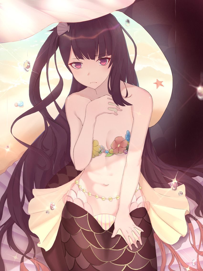 asymmetrical_bangs bangs beach blunt_bangs blush breasts closed_mouth collarbone commentary dankesang day eyebrows_visible_through_hair girls_frontline hand_on_own_chest highres kneeling long_hair looking_at_viewer mermaid monster_girl navel one_side_up outdoors purple_eyes purple_hair seashell seashell_hair_ornament shell small_breasts solo starfish tsurime very_long_hair wa2000_(girls_frontline) water_drop webbed_hands