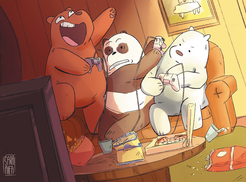 anthro bear cartoon_network chips_(food) controller detailed_background food grizzly_(wbb) grizzly_bear group ice_bear inside mammal panda panda_(wbb) pizza polar_bear sara_alfa semi-anthro video_games we_bare_bears