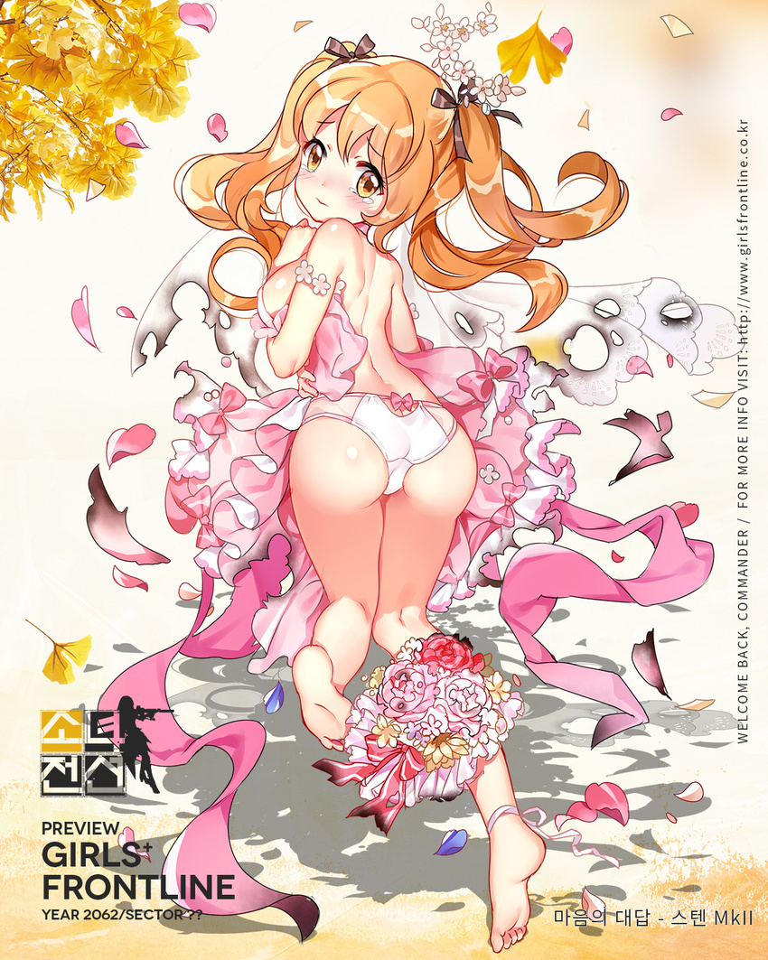 ass blonde_hair blush bow bow_panties breasts character_name copyright_name dress full_body ginkgo ginkgo_leaf girls_frontline highres korean leaf looking_at_viewer looking_back medium_breasts official_art panties petals solo sten_mk2_(girls_frontline) tears torn_clothes twintails underwear wedding_dress white_panties