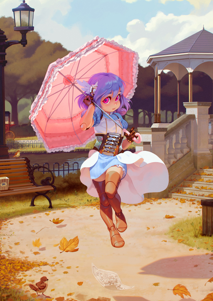 alkemanubis android arm_up autumn_leaves bench blue_dress blue_hair boots brown_legwear cloud day dress full_body gloves hand_on_own_head head_wings highres lamppost leaf looking_at_viewer original outdoors red_eyes robot_joints see-through short_dress short_hair single_head_wing sky solo stairs standing standing_on_one_leg striped striped_dress thigh_boots thighhighs tree umbrella waist_cape wind wind_lift