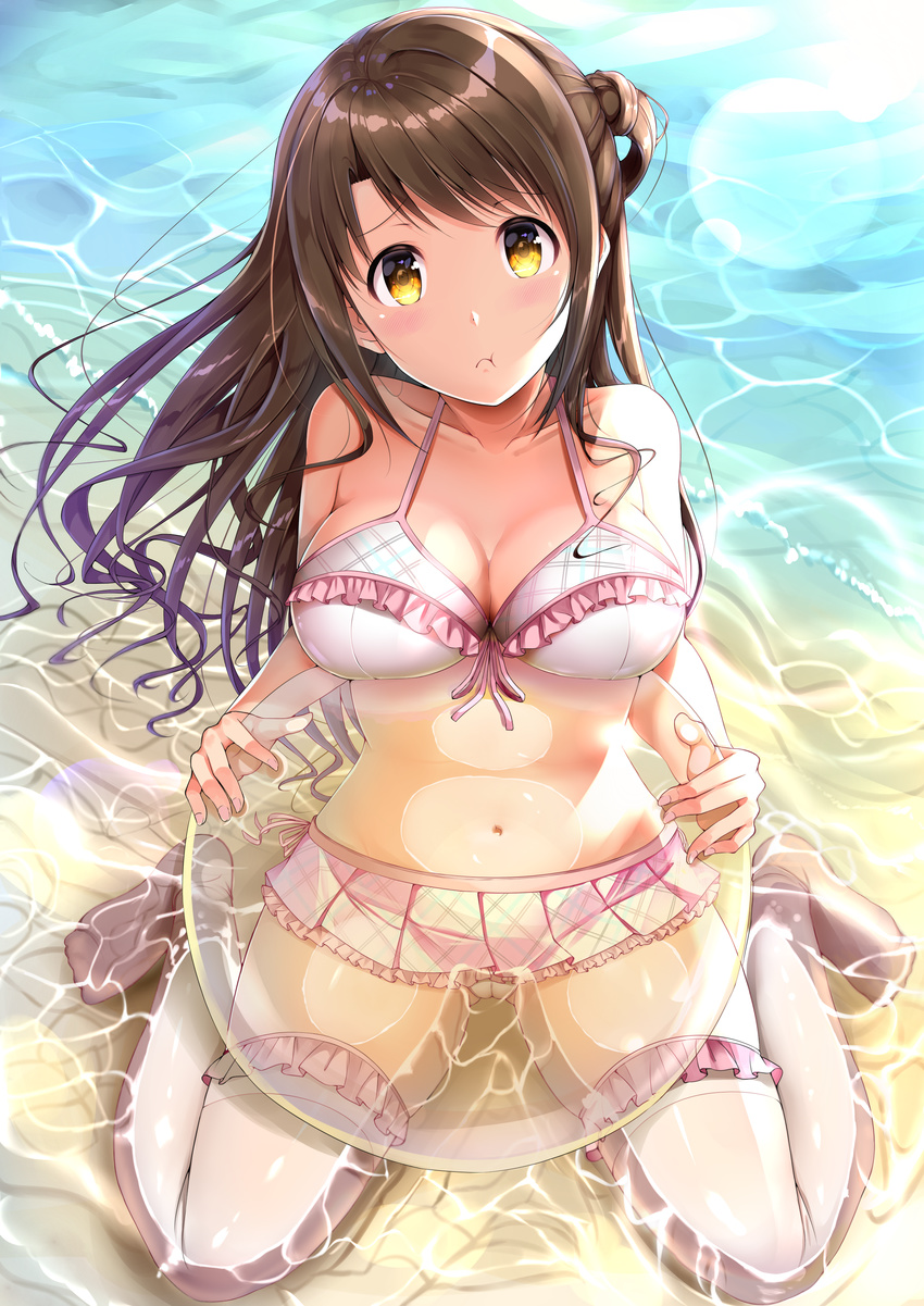 :t absurdres ass_visible_through_thighs banned_artist beach bikini bikini_skirt blush breast_rest breasts brown_hair cleavage closed_mouth collarbone day fay_(fay_axl) frilled_bikini frills from_above front-tie_bikini front-tie_top highres idolmaster idolmaster_cinderella_girls large_breasts lens_flare long_hair looking_at_viewer navel one_side_up outdoors partially_submerged pout sand shimamura_uzuki sitting solo swimsuit thighhighs wariza water white_bikini white_legwear yellow_eyes