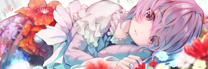 blush commentary_request dot_nose dress eyebrows_visible_through_hair eyes_visible_through_hair flower flower_request frilled_sleeves frills highres hoshizaki_reita long_sleeves looking_at_viewer lying on_side original parted_lips purple_eyes purple_hair short_hair short_over_long_sleeves short_sleeves signature smile solo