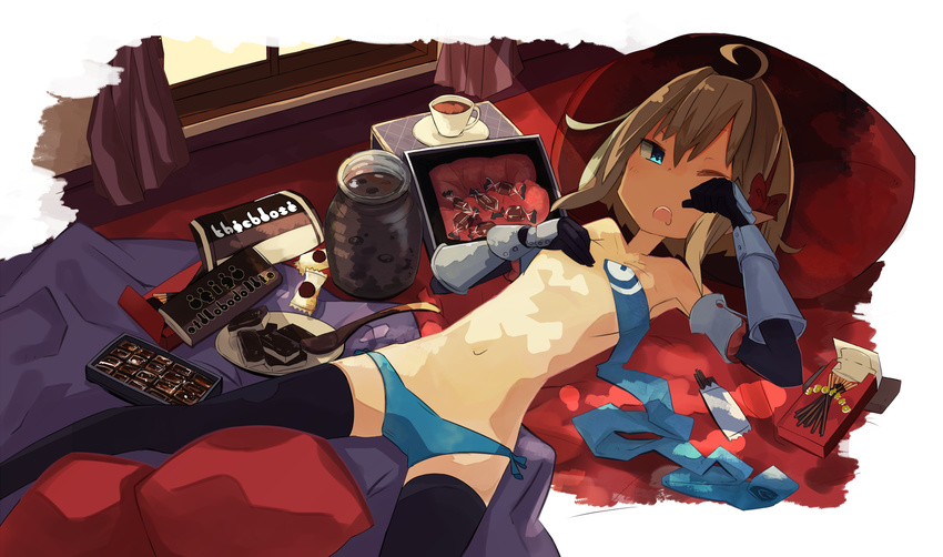 ahoge black_legwear blue_eyes blue_neckwear blue_panties bow brown_eyes candy chocolate covering covering_breasts cup curtains elbow_gloves flat_chest food gauntlets gloves hair_bow jar looking_at_viewer lying navel necktie necktie_removed on_back open_mouth original panties pillow pocky pointy_ears red_bow rubbing_eyes saliva short_hair side-tie_panties solo steins_schwanz teacup thighhighs underwear window