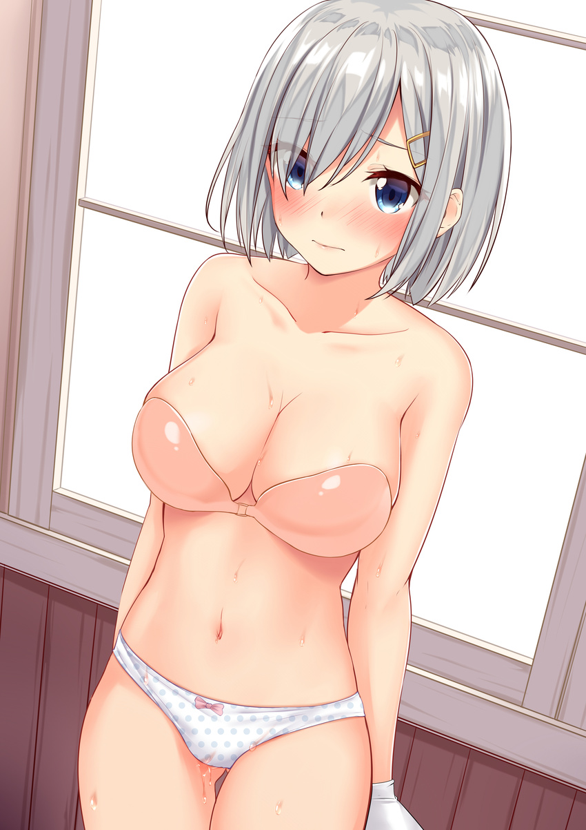 absurdres arms_at_sides ass_visible_through_thighs backlighting blue_eyes bow bow_panties bra collarbone cowboy_shot dutch_angle eyebrows eyebrows_visible_through_hair eyes_visible_through_hair gloves hair_ornament hair_over_one_eye hairclip hamakaze_(kantai_collection) highres indoors jaku_denpa kantai_collection looking_at_viewer navel panties pink_bow pink_bra polka_dot polka_dot_swimsuit shiny shiny_skin short_hair silver_hair solo standing stomach strapless strapless_bra swimsuit thigh_gap underwear underwear_only white_gloves window