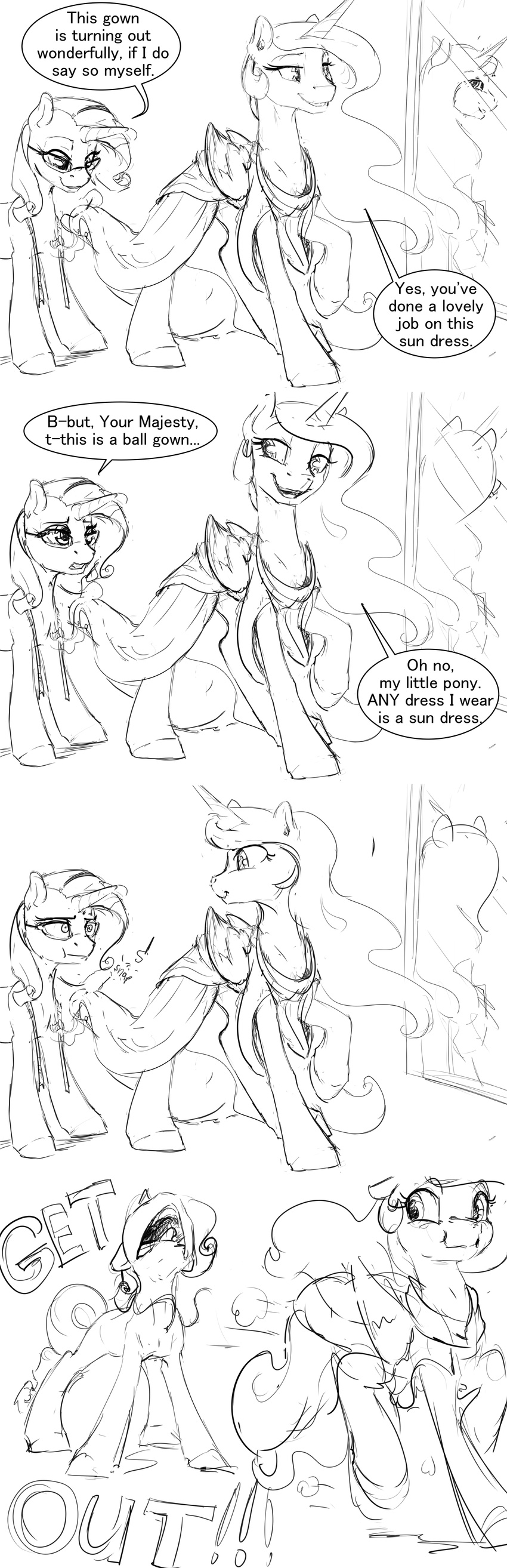 2017 absurd_res angry black_and_white clothed clothing comic dialogue dress duo english_text equine feathered_wings feathers female feral friendship_is_magic hi_res horn mammal mirror monochrome my_little_pony princess_celestia_(mlp) rarity_(mlp) silfoe simple_background text unicorn white_background winged_unicorn wings